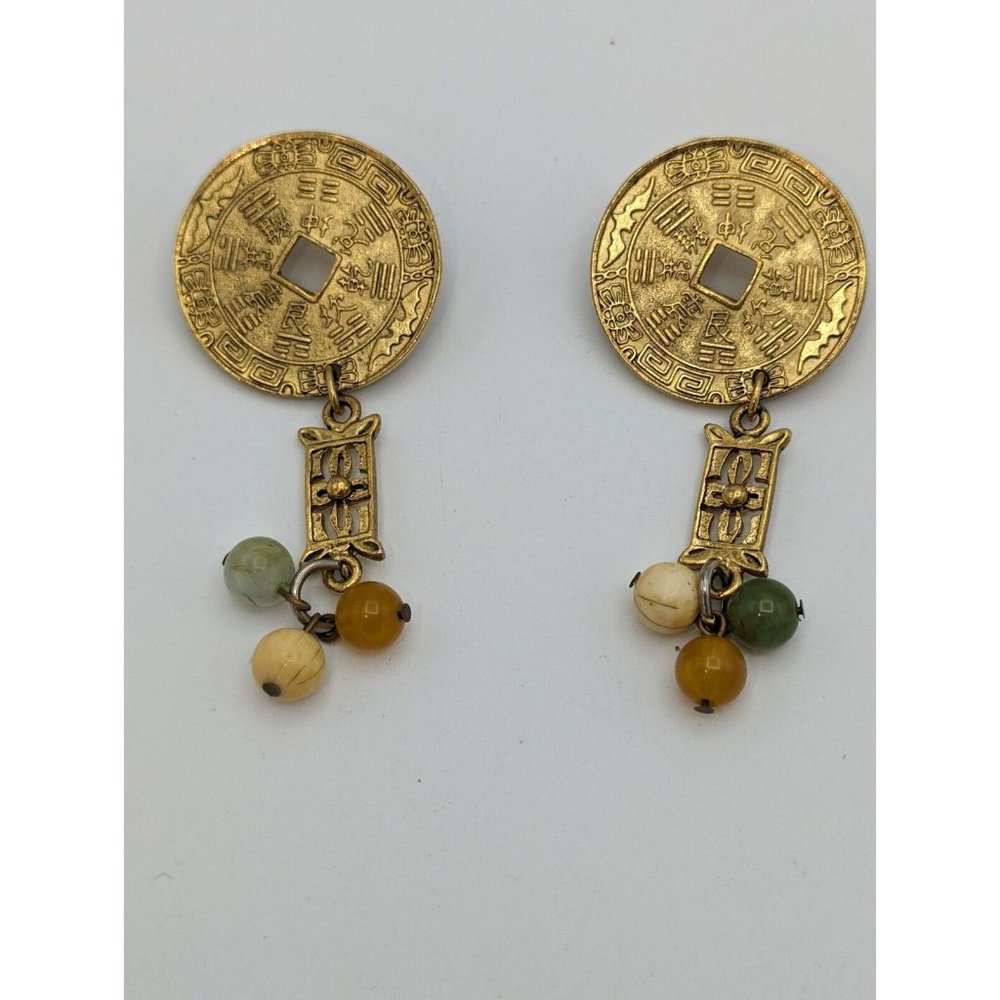 Vintage Chinese Coin Dangle Earrings With Multie Color Stone